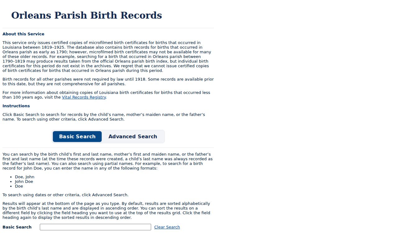 Louisiana State Archives historic Orleans birth index for neighborhood history