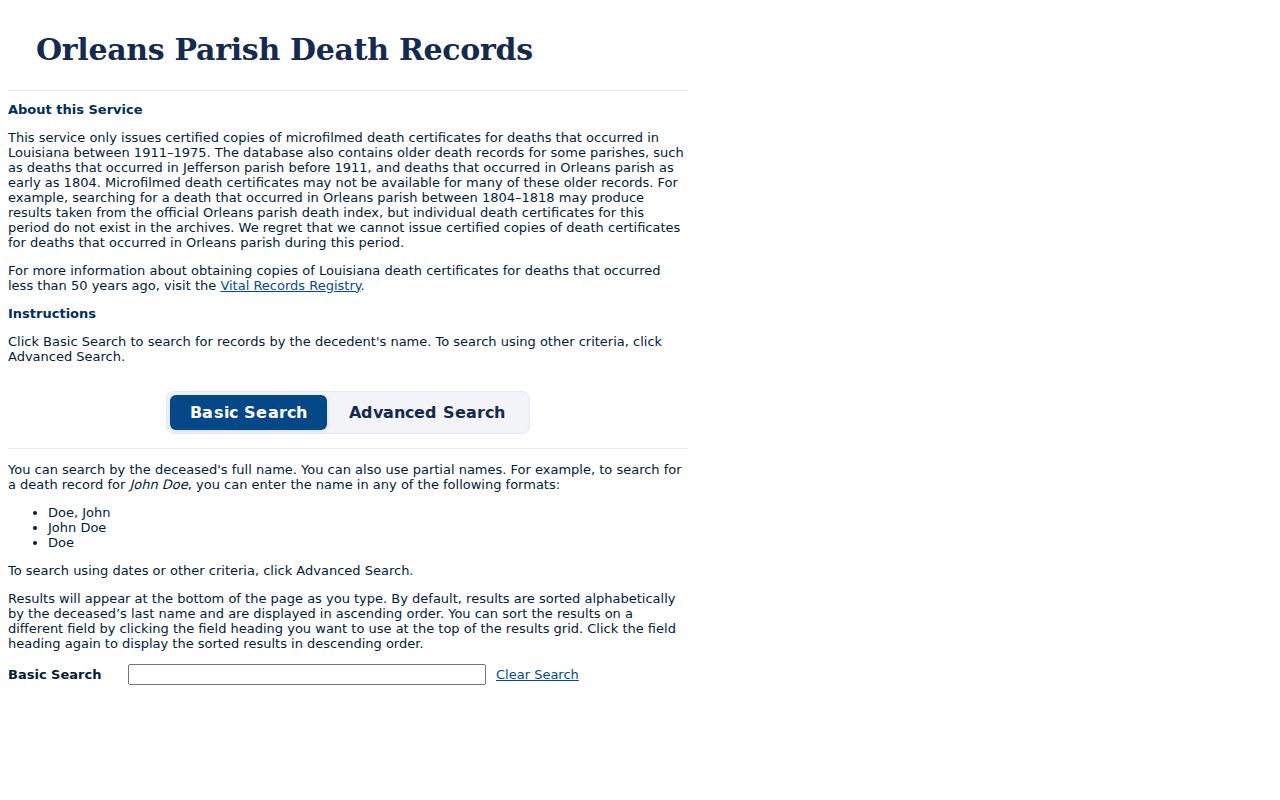 Louisiana State Archives historic Orleans death index search