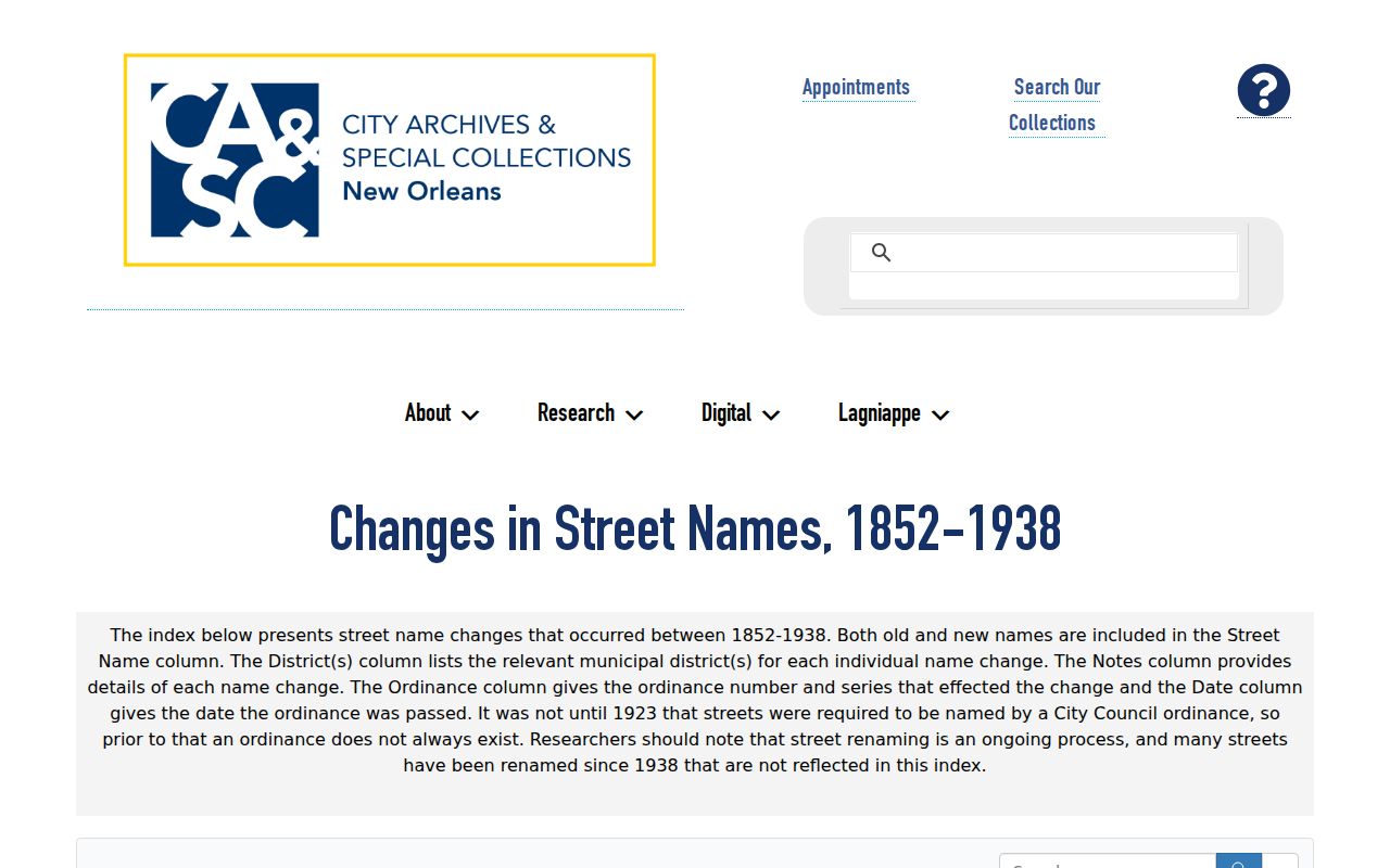 New Orleans City Archives historic street name change tables